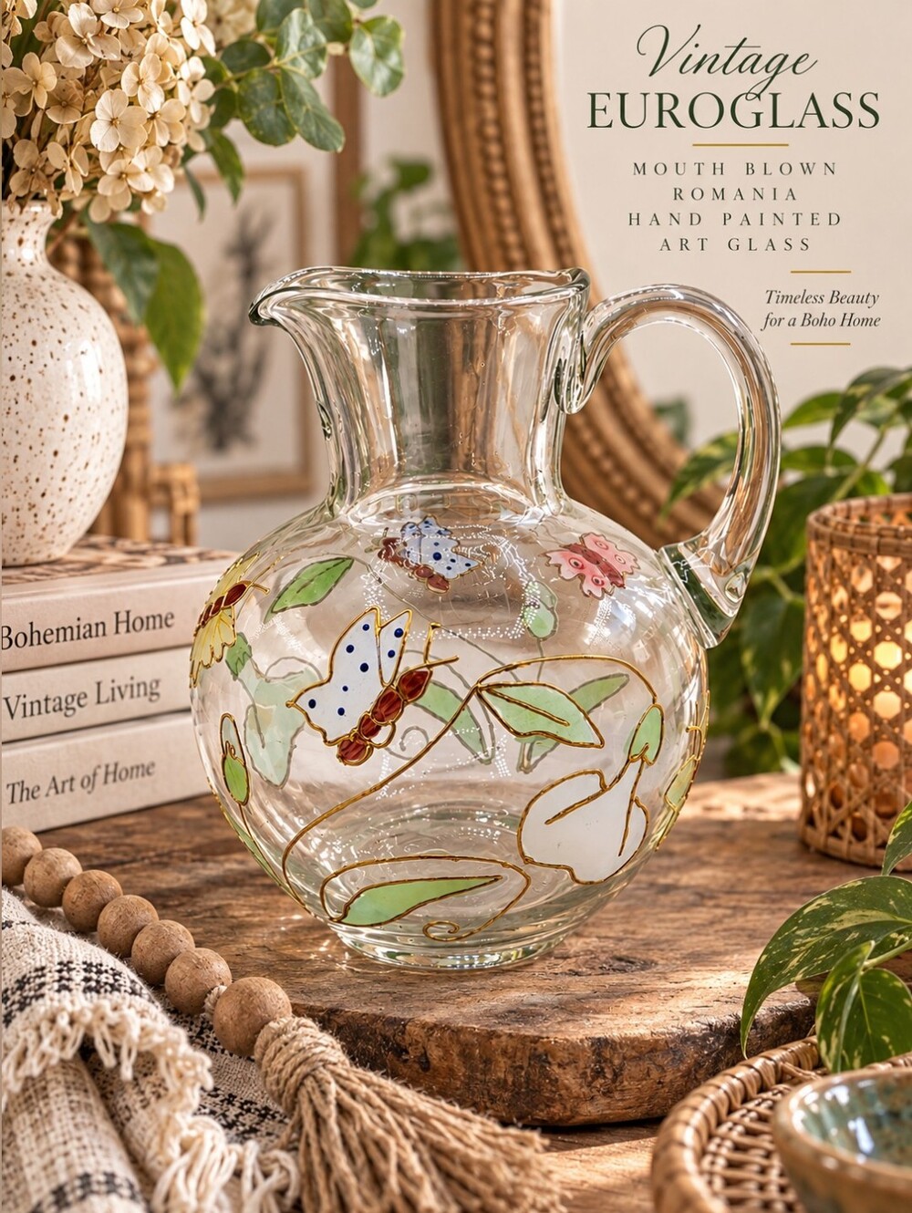Vintage Euroglass Butterfly Pitcher Mouthblown Romania Hand Paint Gold Art Glass